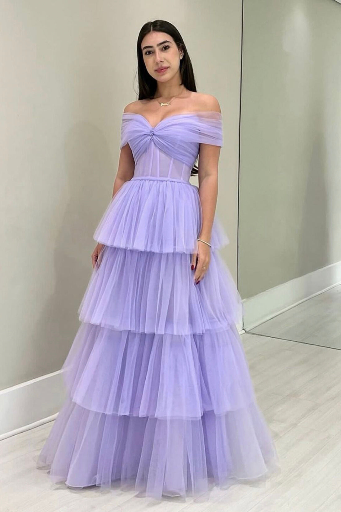 Purple Tulle Layers Long A-Line Prom Dress, Off the Shoulder Evening Party Dress