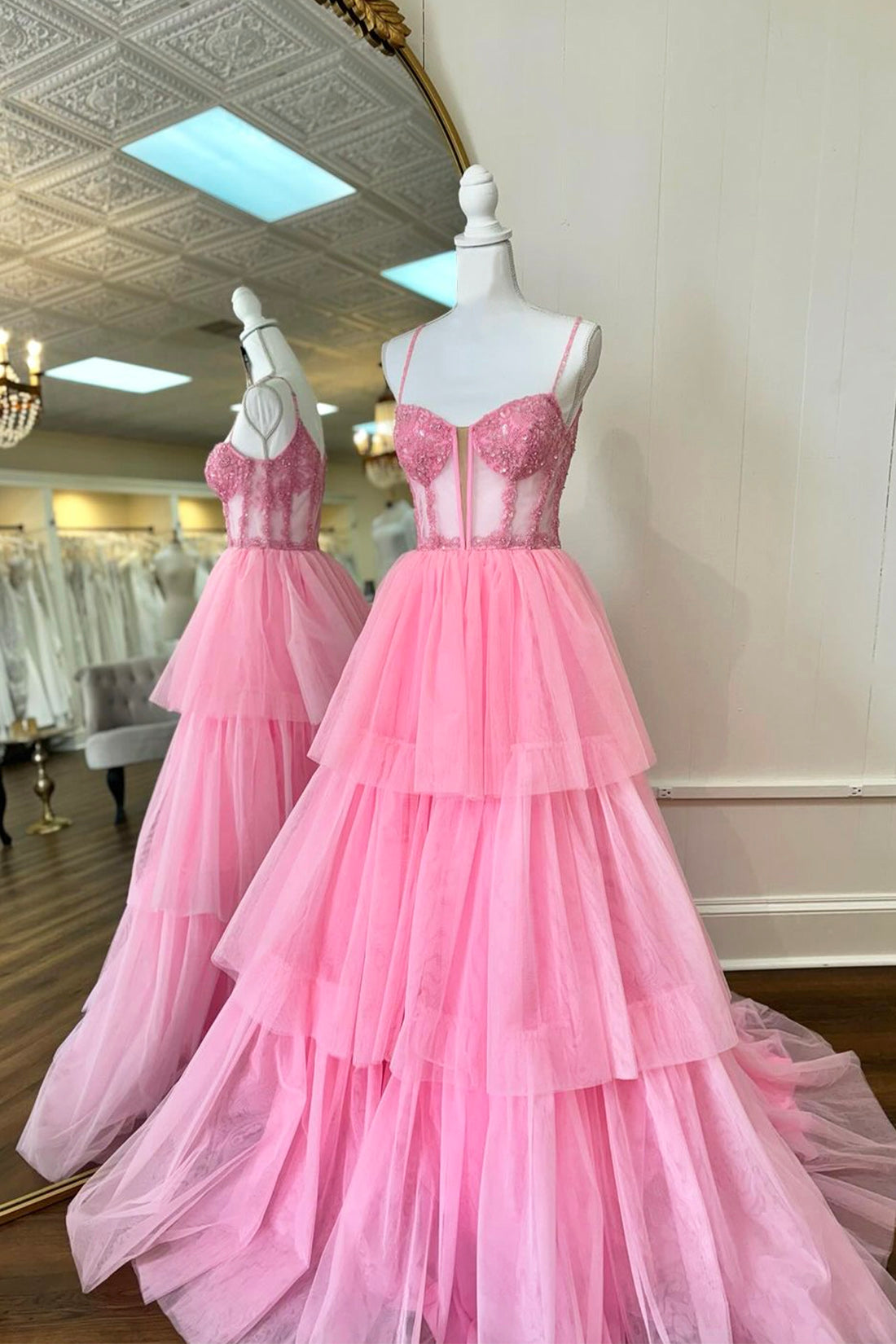 Pink Tulle Lace Long Prom Dress, A-Line Spaghetti Strap Evening Party Dress