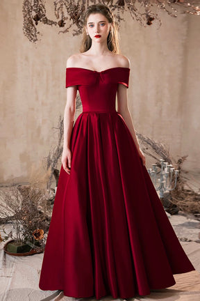 A-Line Burgundy Satin Long Prom Dress, Off the Shoulder Evening Party Dress