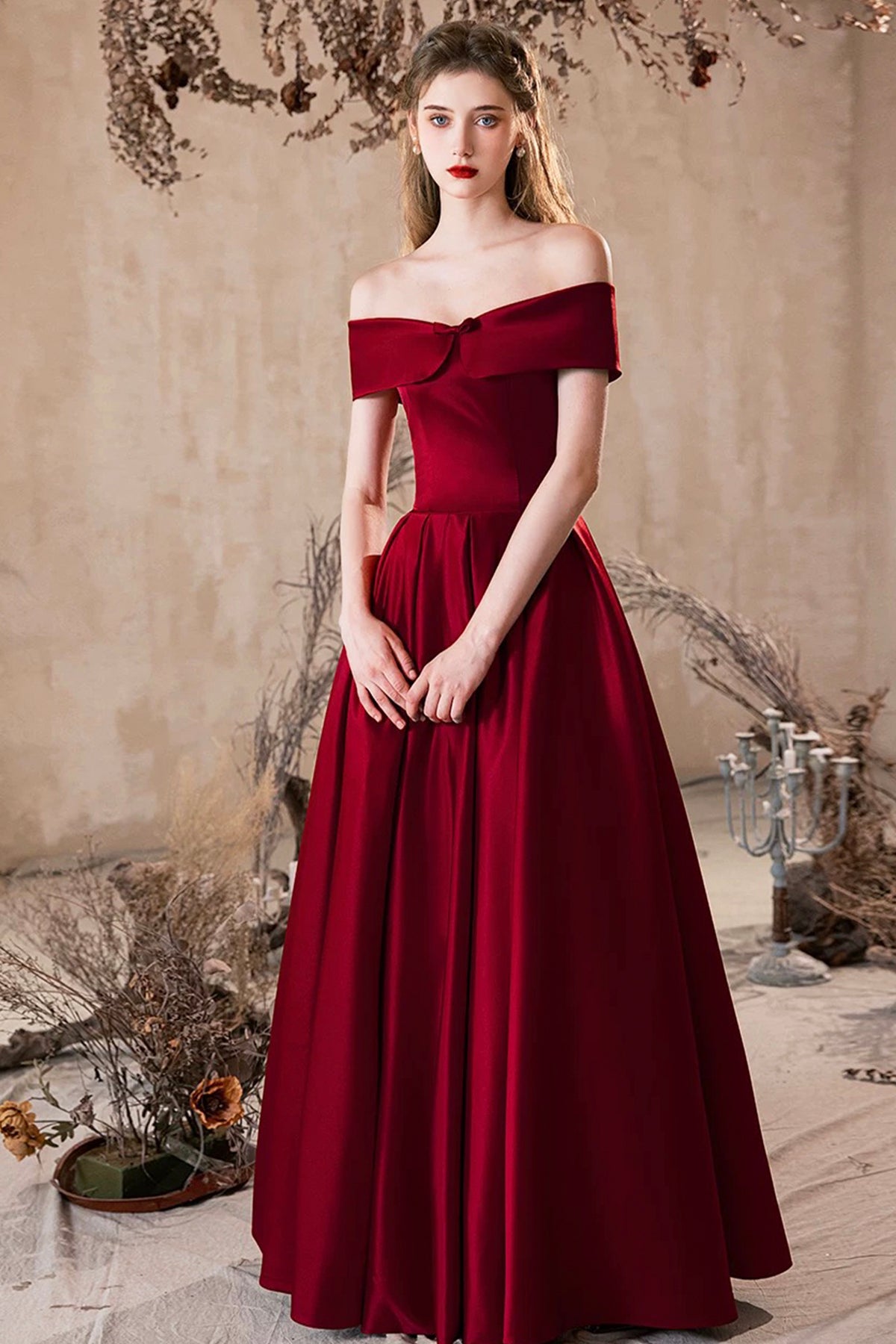 A-Line Burgundy Satin Long Prom Dress, Off the Shoulder Evening Party Dress