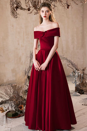 A-Line Burgundy Satin Long Prom Dress, Off the Shoulder Evening Party Dress
