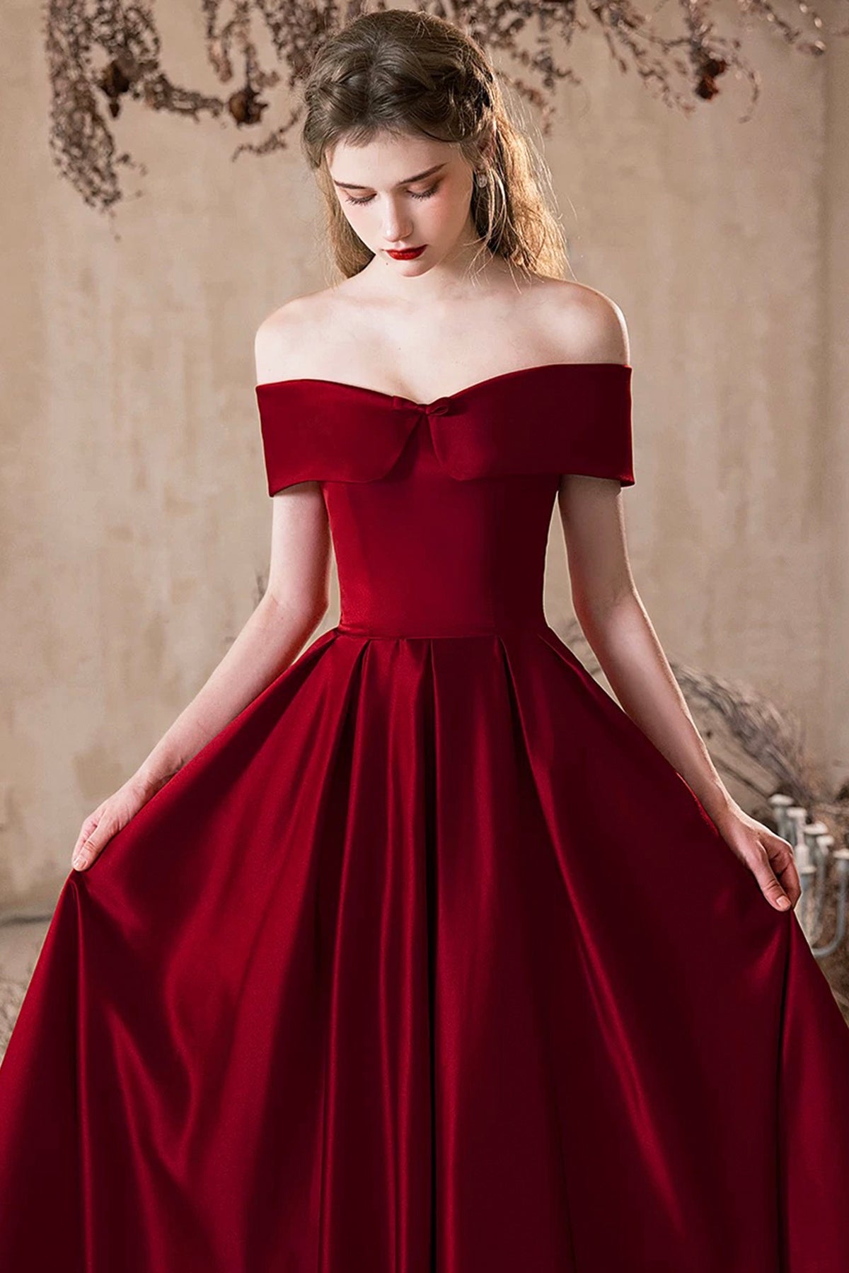 A-Line Burgundy Satin Long Prom Dress, Off the Shoulder Evening Party Dress