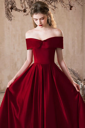 A-Line Burgundy Satin Long Prom Dress, Off the Shoulder Evening Party Dress