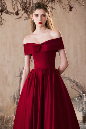 A-Line Burgundy Satin Long Prom Dress, Off the Shoulder Evening Party Dress