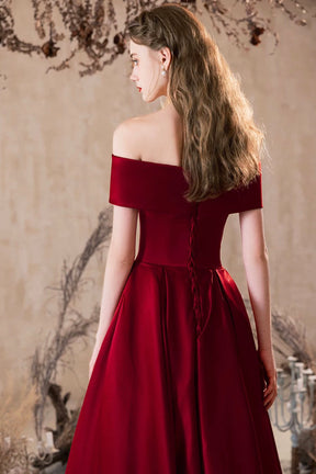 A-Line Burgundy Satin Long Prom Dress, Off the Shoulder Evening Party Dress