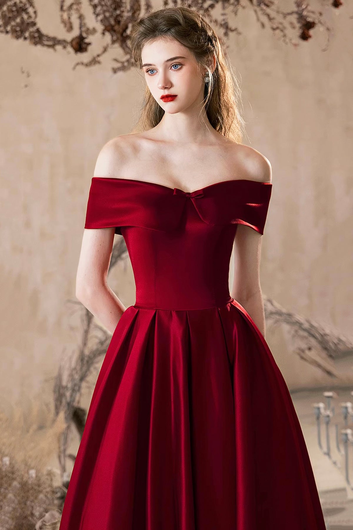 A-Line Burgundy Satin Long Prom Dress, Off the Shoulder Evening Party Dress