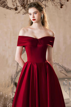 A-Line Burgundy Satin Long Prom Dress, Off the Shoulder Evening Party Dress