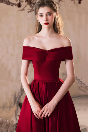 A-Line Burgundy Satin Long Prom Dress, Off the Shoulder Evening Party Dress