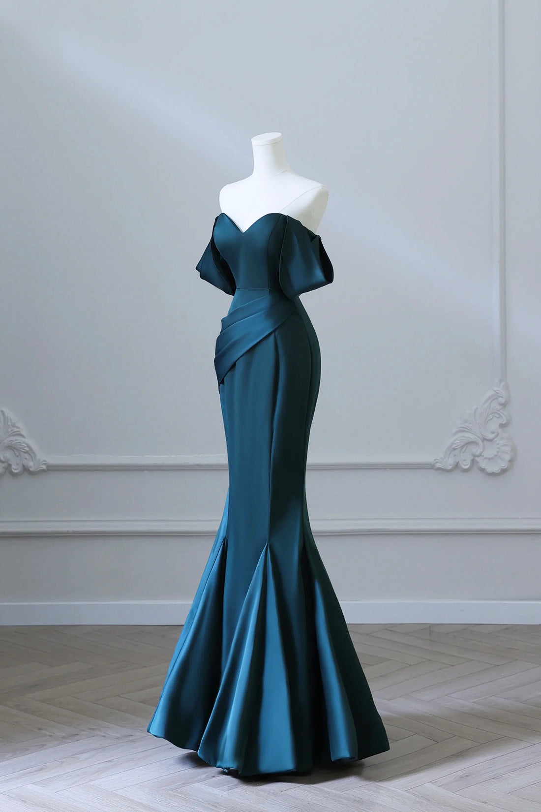 Simple Off Shoulder Satin Ink Blue Long Prom Dress, Ink Blue Mermaid Formal Dress