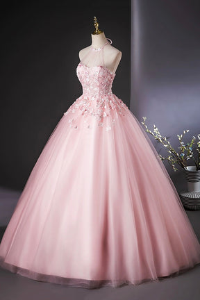 Pink Halter Tulle Flowers Long Prom Dress, Beautiful Backless Evening Party Dress