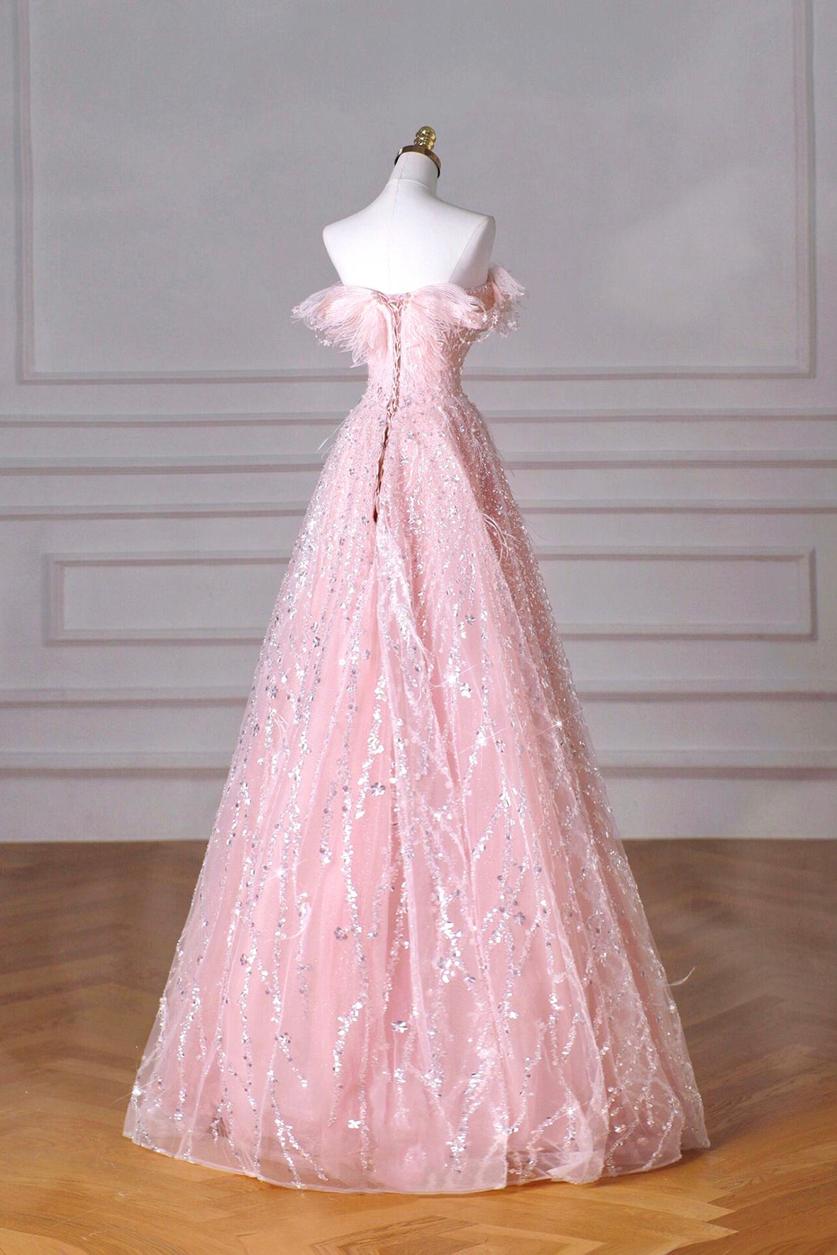 Pink Lace Sequins Floor Length Prom Dress, Beautiful Off the Shoulder Party Dress