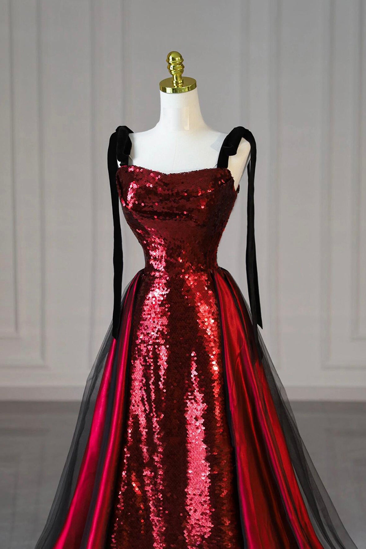 Burgundy Tulle Sequins Long Prom Dress, Shiny A-Line Evening Party Dress