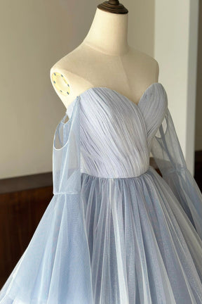 Light Blue Tulle Floor Length Prom Dress, A-Line Strapless Evening Party Dress