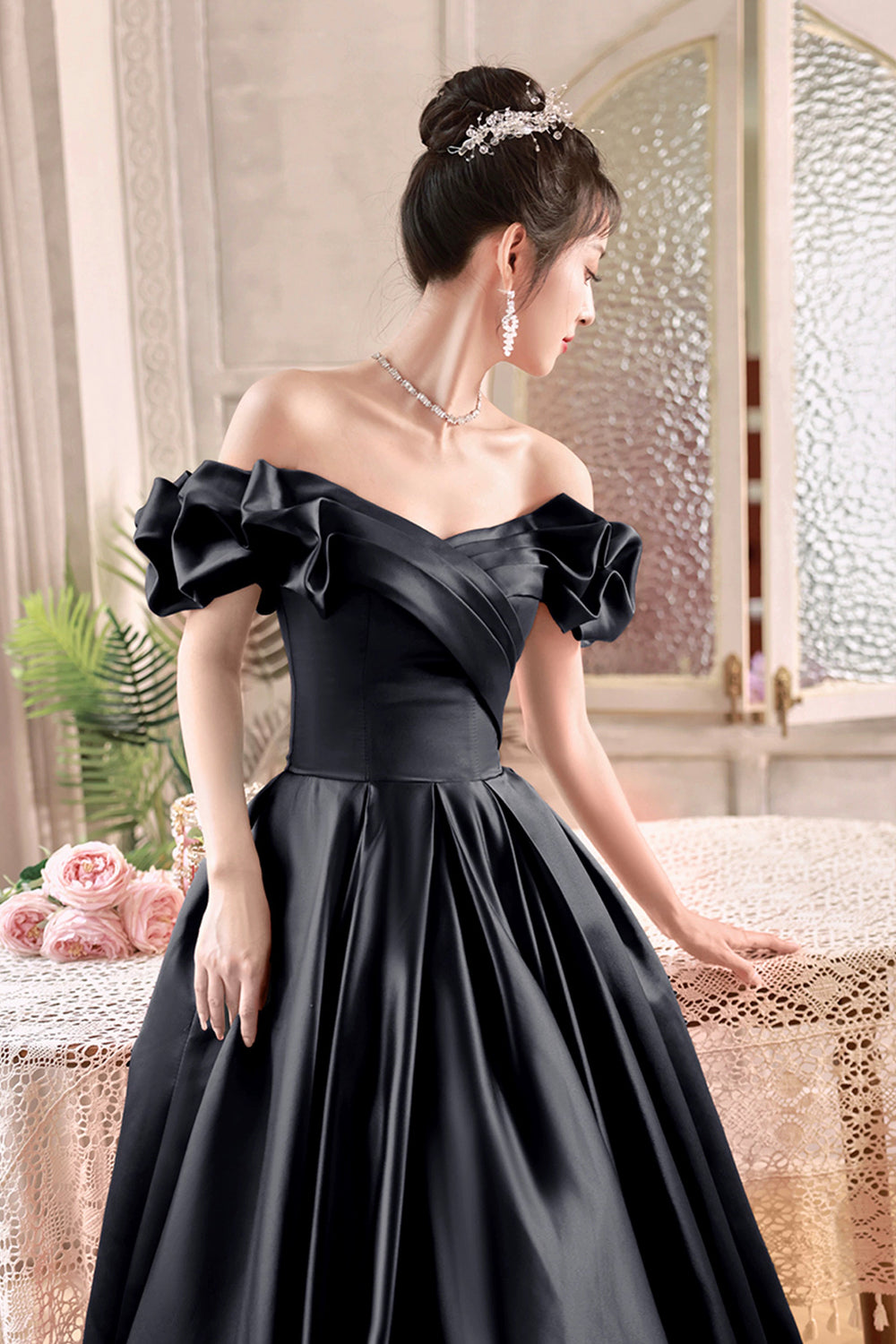 Black Satin Floor Length A-Line Prom Dress, Off the Shoulder Evening P