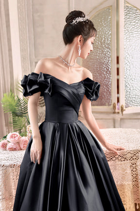 Black Satin Floor Length A-Line Prom Dress, Off the Shoulder Evening P Black Satin Floor Length A-Line Prom Dress, Off the Shoulder Evening P