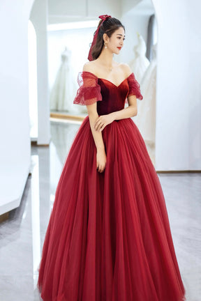 Elegant Tulle and Velvet Long Prom Dress, Off the Shoulder A-Line Evening Party Dress