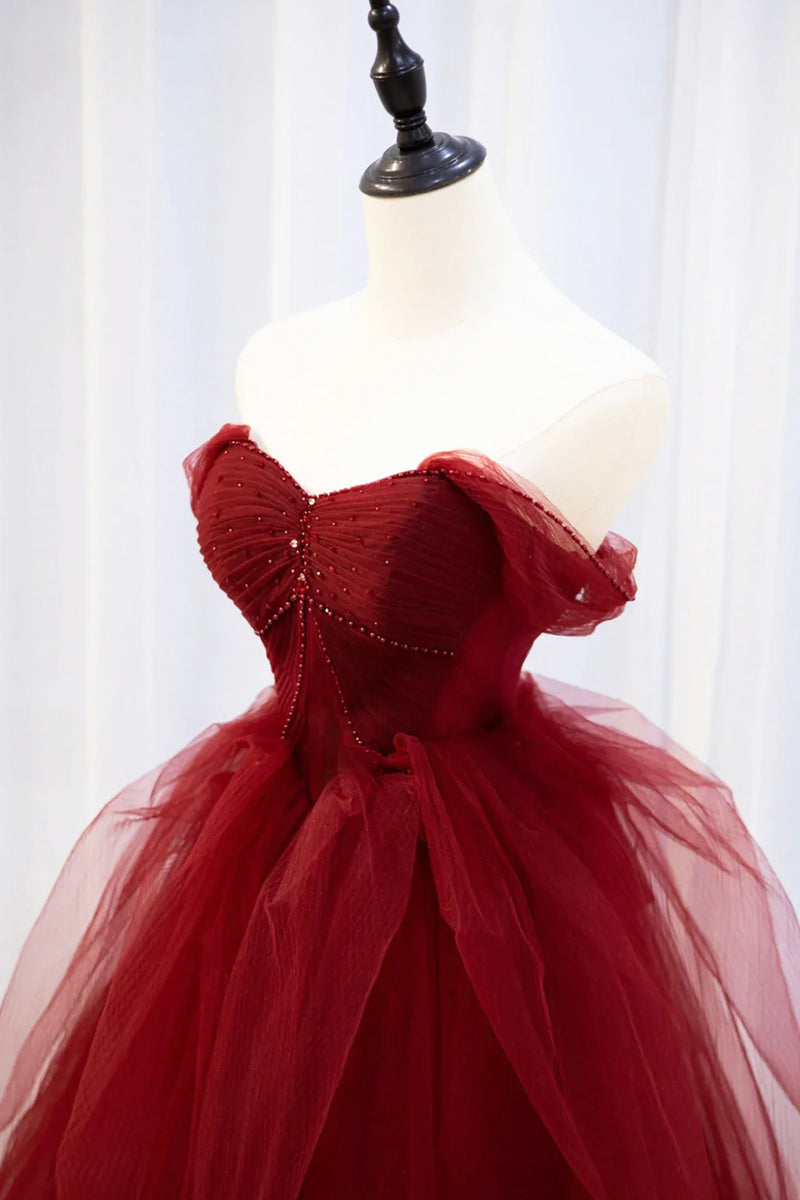 Burgundy Off the Shoulder Beaded Tulle Formal Long Prom Dress main image 1