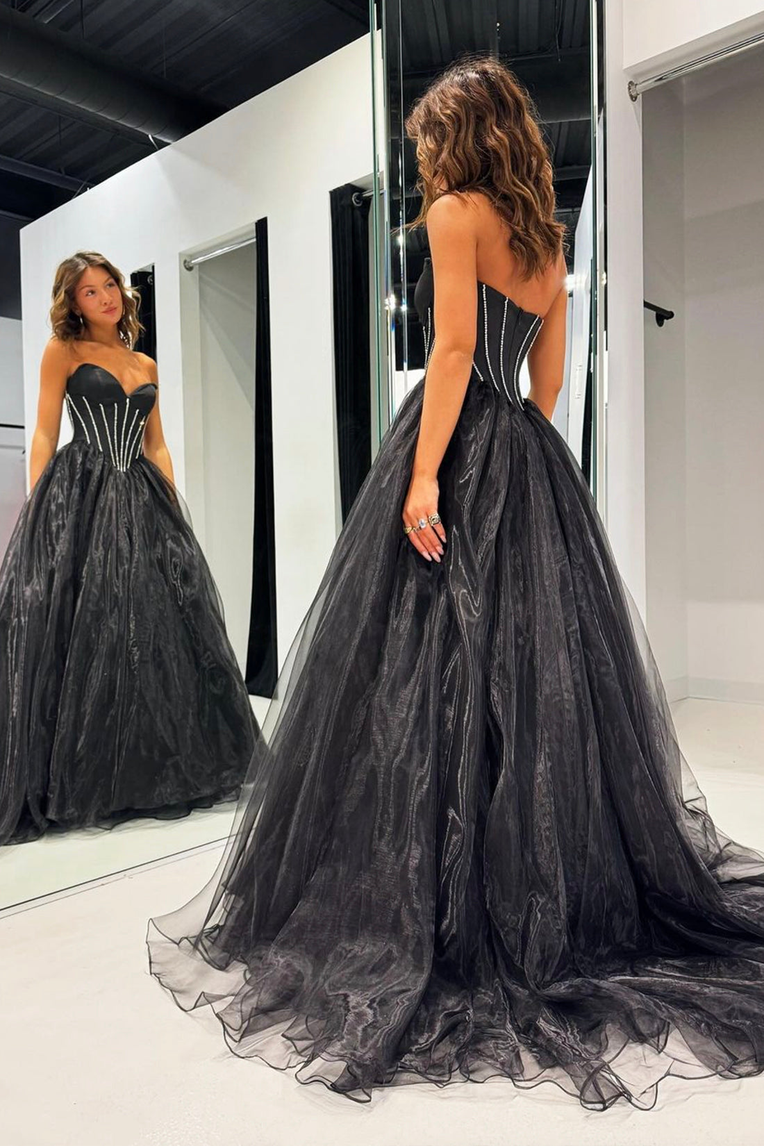 A Line Black Tulle Long Prom Dress, Beautiful Strapless Formal Evening Dress