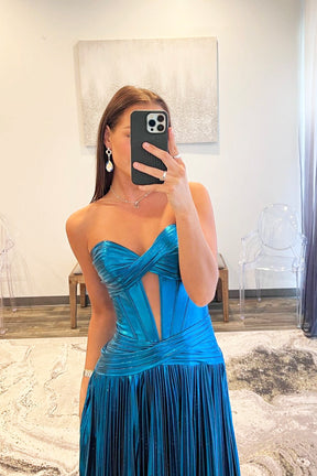 Blue Satin Long Floor Length Prom Dress, A-Line Blue Strapless Evening Dress Formal Dress