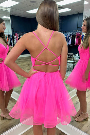 Straps Hot Pink Tulle Pleated A-line Party Dress, Deep V Neck Tulle Homecoming Dress