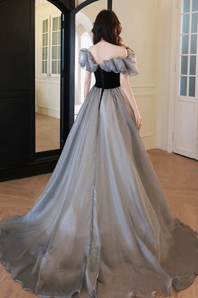 Gray Tulle and Black Velvet Long Prom Dress, Off the Shoulder Evening Party Dress