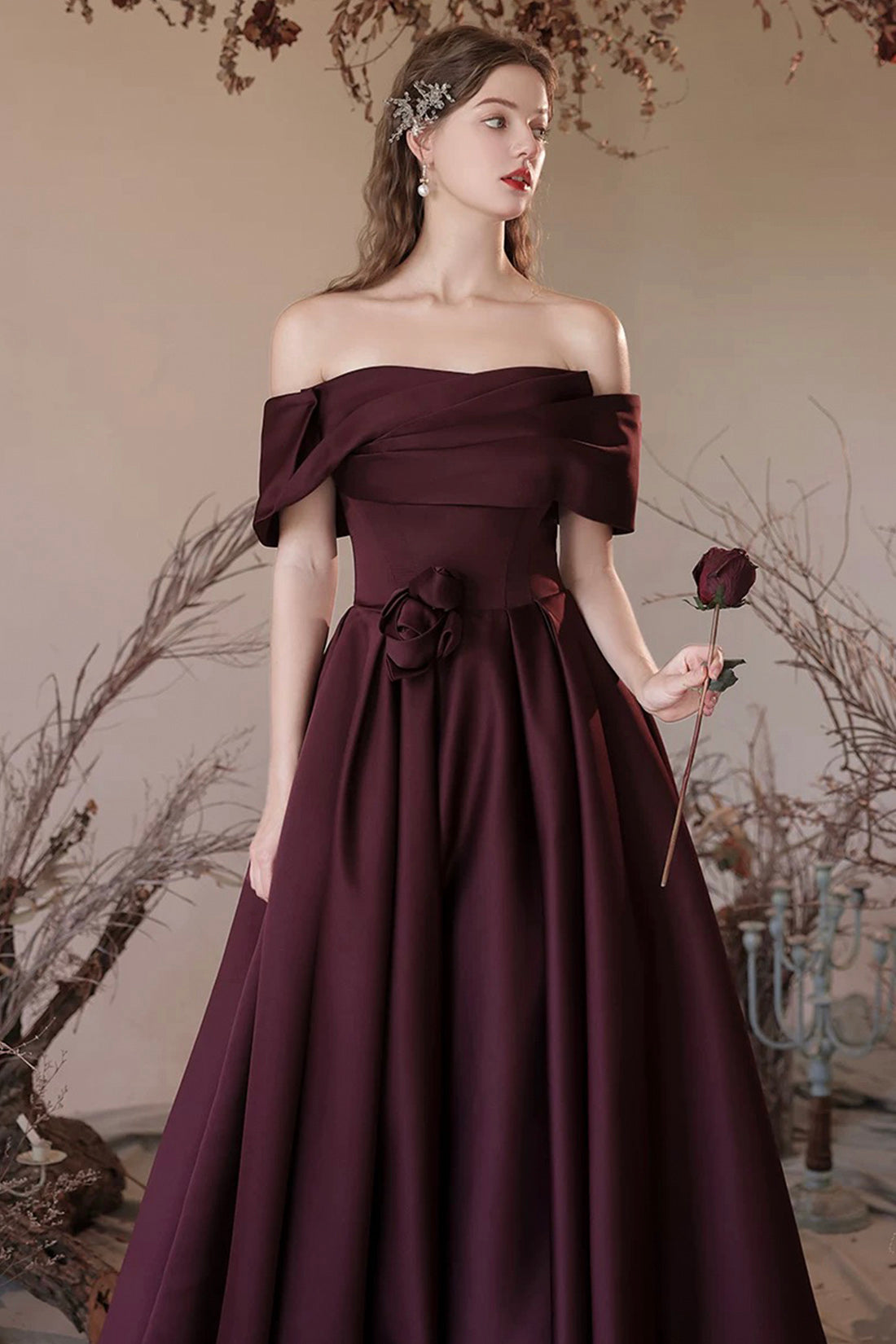 Elegant Satin Floor Length Prom Dress, A-Line Off the Shoulder Formal Party Dress