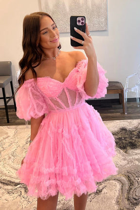 Pink Tulle Short A-Line Prom Dress, Cute Puff Sleeves Homecoming Dress