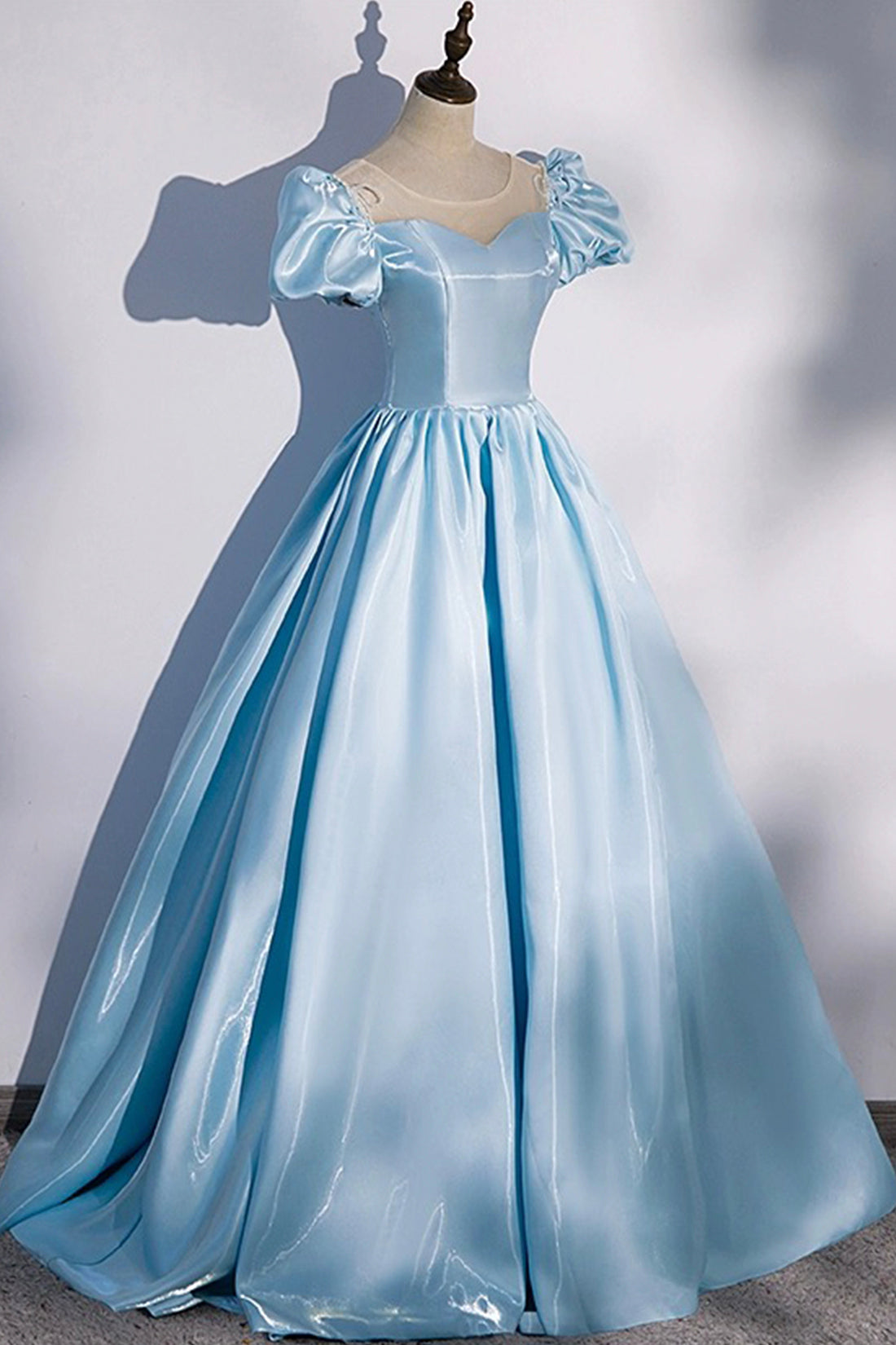 Blue Satin Long Prom Dress, Blue A-Line Scoop Neckline Short Sleeve Evening Dress