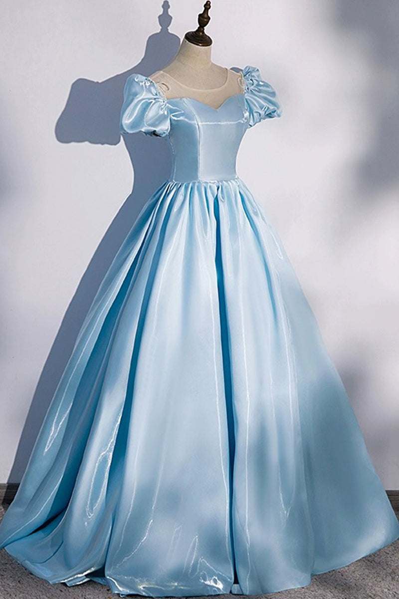 Satin Blue A Line Scoop Long Prom Dresses With Train, Long Formal Dresses, PL466