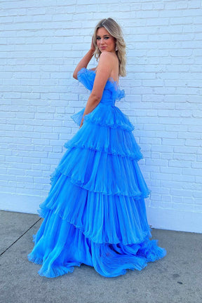 Blue Strapless Princess Tulle Layers Ruffles Long Prom Dress