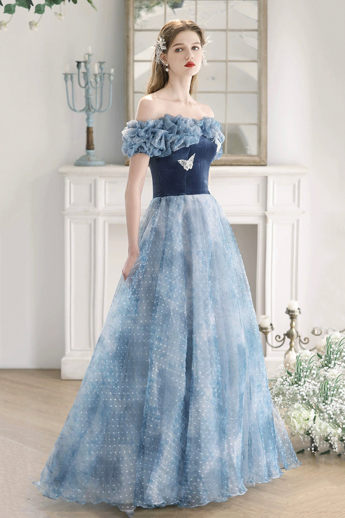 Blue Velvet and Spotted Tulle Floor Length Prom Dress, Elegant Off the Shoulder Evening Party Dress