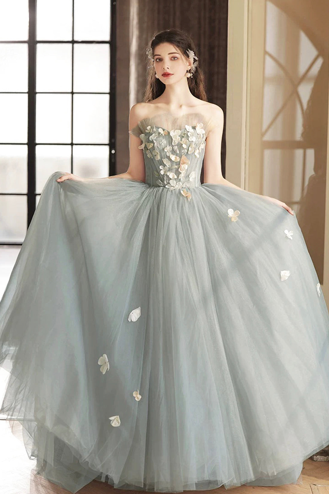 A-Line Gray Tulle Strapless Floor Length Prom Dress, Beautiful Backles A-Line Gray Tulle Strapless Floor Length Prom Dress, Beautiful Backles