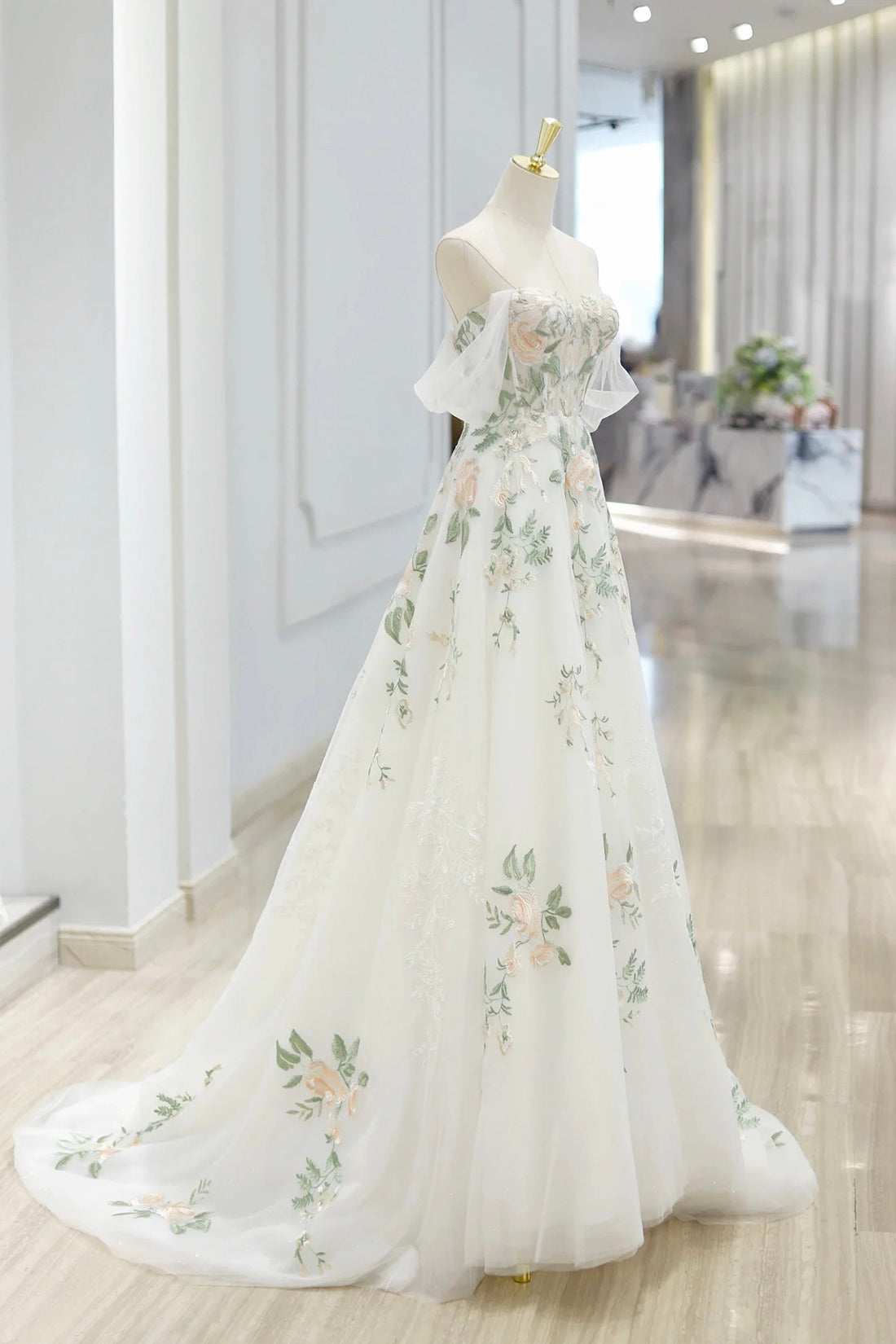 Beautiful Floral Lace Tulle Long Prom Dress, White Off the Shoulder Ev Beautiful Floral Lace Tulle Long Prom Dress, White Off the Shoulder Ev