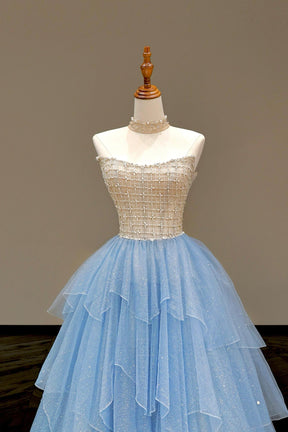 Blue Shiny Tulle Long Prom Dress, Beautiful Strapless Evening Party Dress