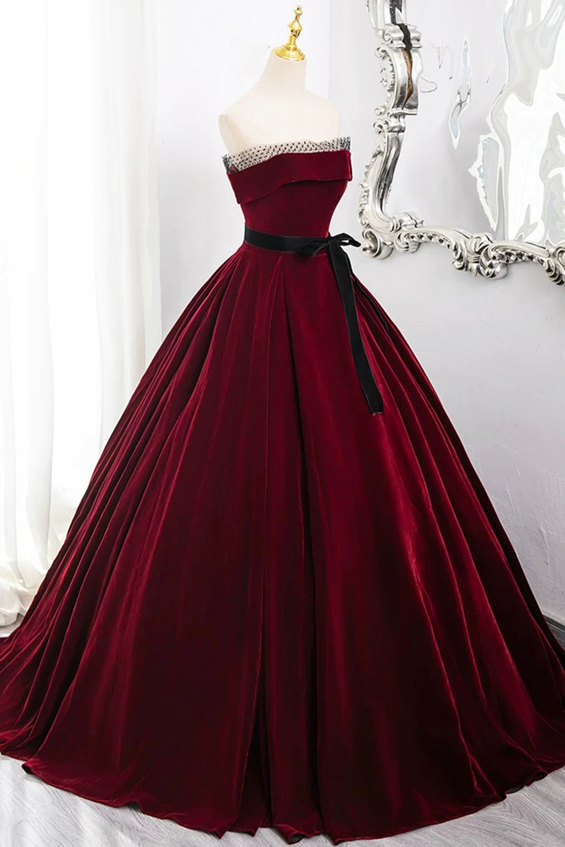 Burgundy Velvet Long Formal Dress, Off the Shoulder Evening Party Dress