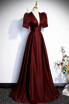 Burgundy V-Neck Satin Long Prom Dress, Simple Short Sleeve Evening Party Dress