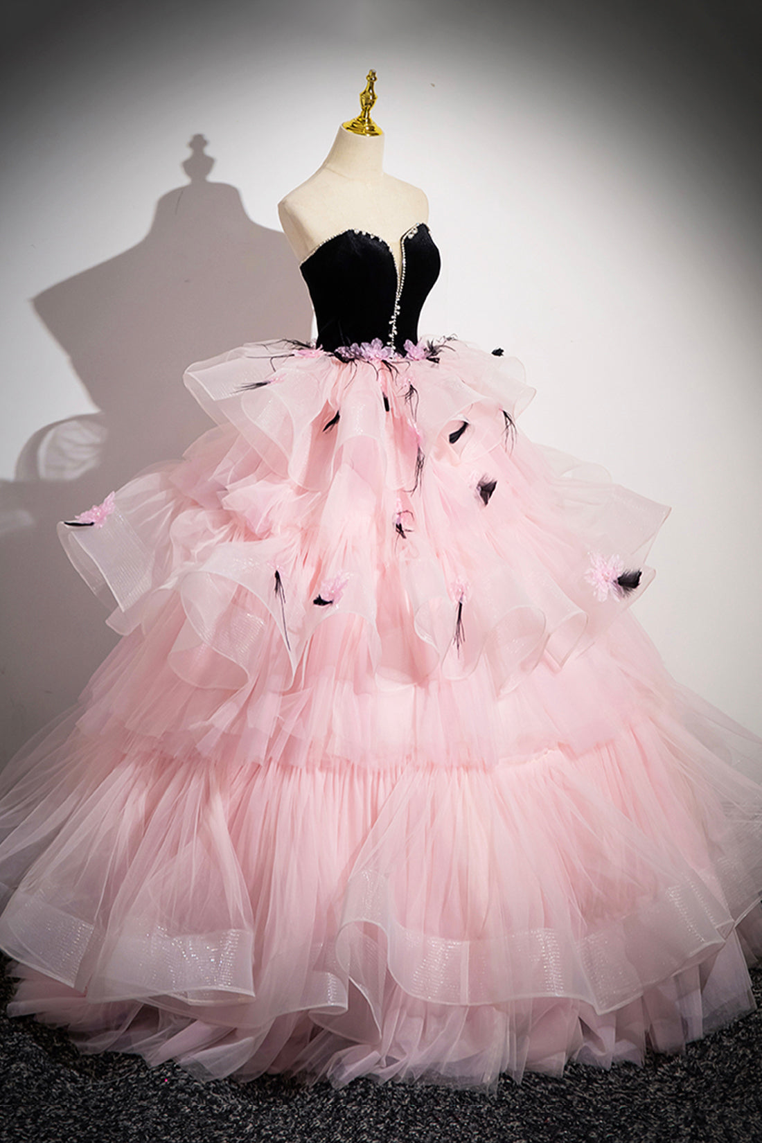 pink top black bottom dress Black Velvet and Pink Tulle Strapless Ball Gown, Pink Backless Ruffles