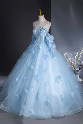 Blue Tulle Long Sleeves Formal Dress with Flowers, Blue A-Line Prom Party Dress