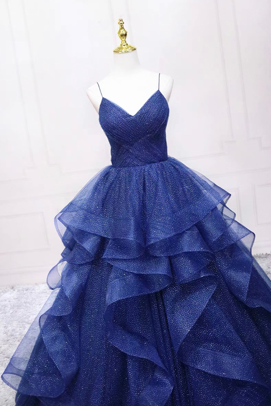 Dark Blue Tulle Layers Long Formal Dress, Blue Tulle with Straps Party Dress