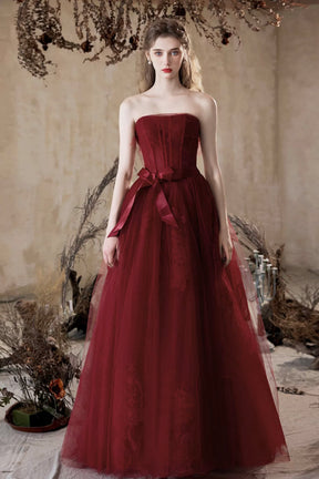 Burgundy Tulle Lace Long Prom Dress, A-Line Strapless Formal Evening Dress