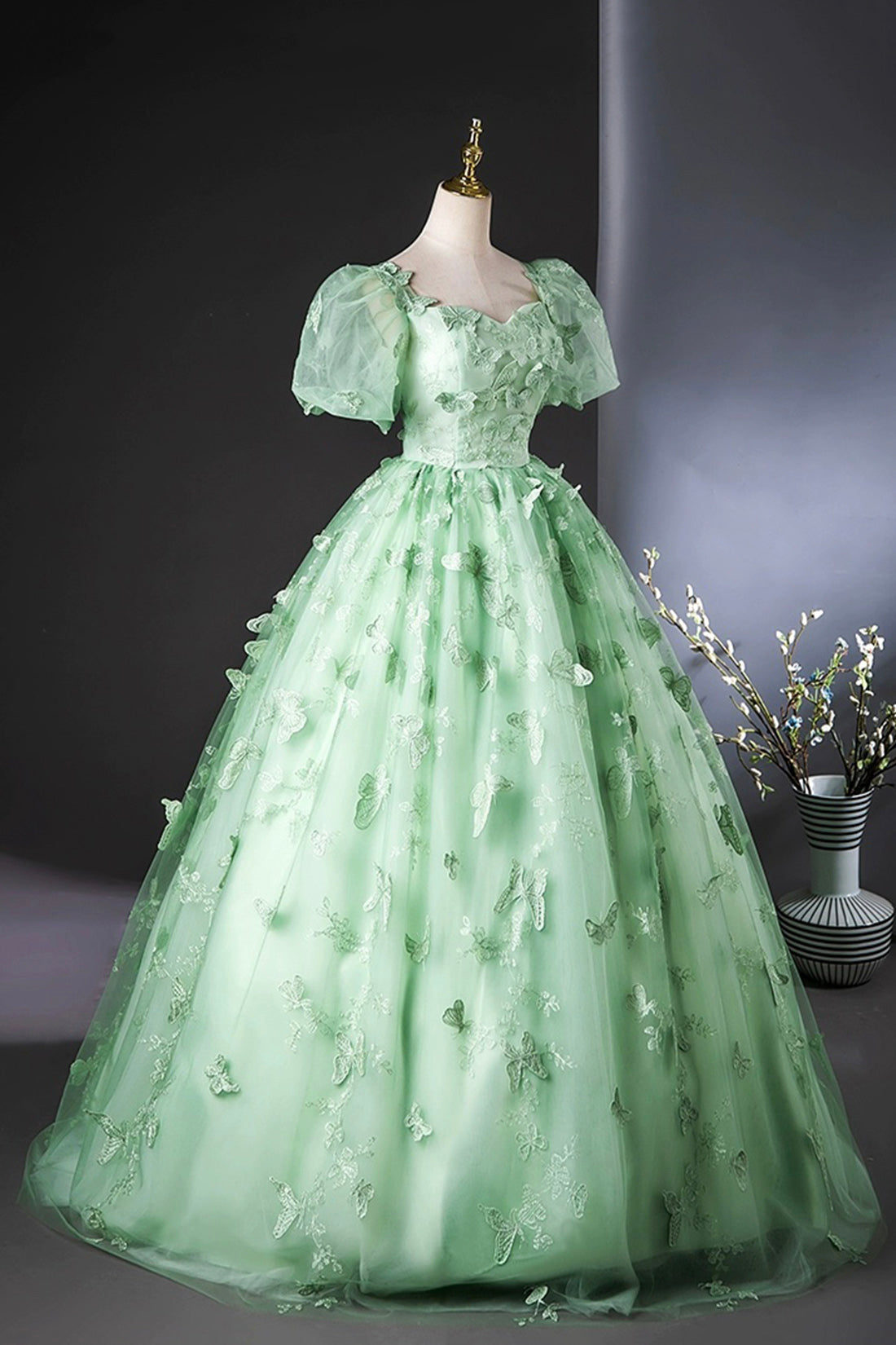 Green Tulle Long A-Line Prom Dress with Butterfly Lace, Beautiful  Short Sleeve Evening Dress