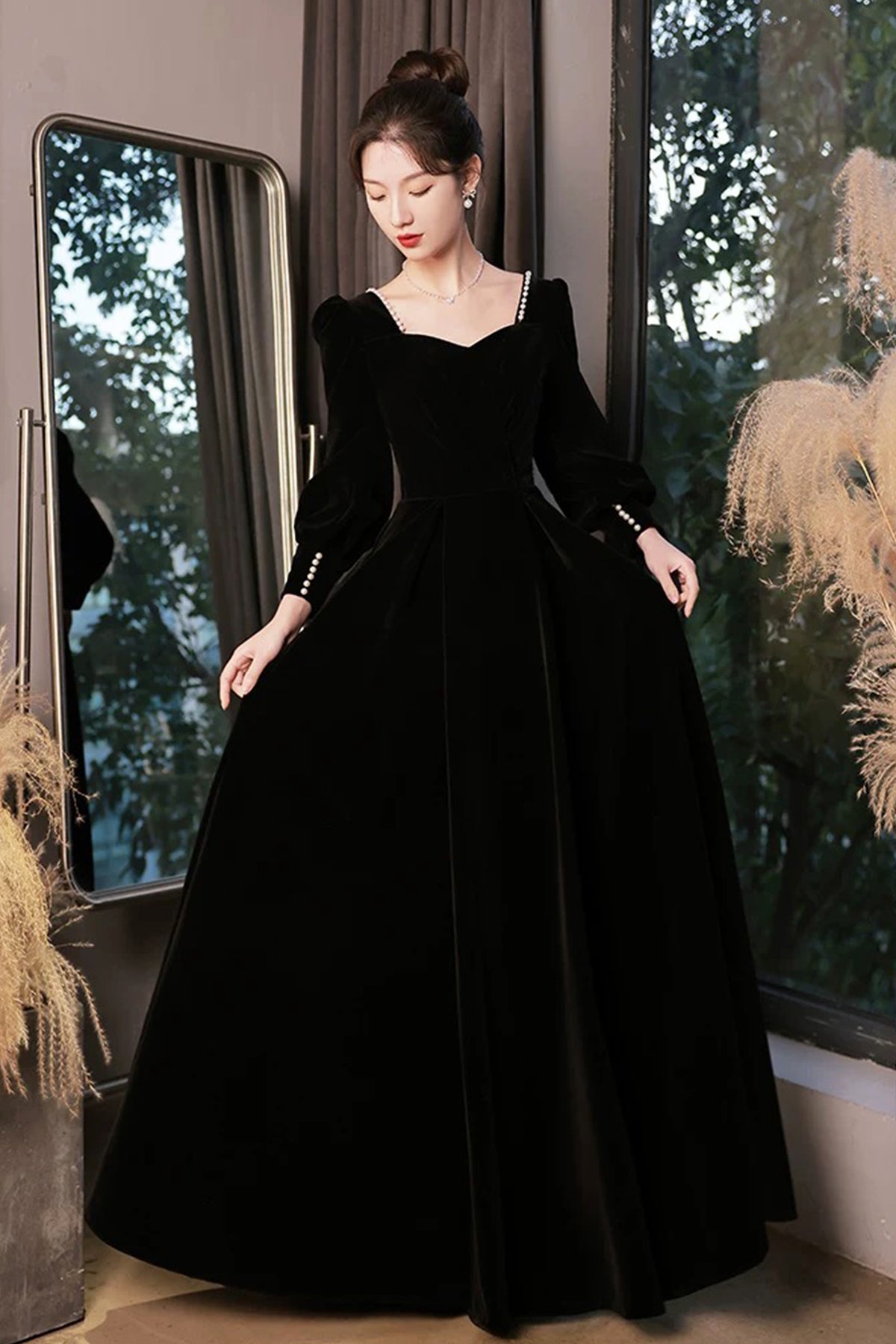 Black Velvet Long Sleeve Party Dress, A-Line Floor Length Formal Evening Dress