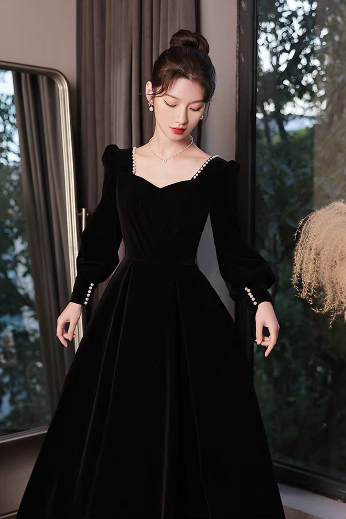 Black Velvet Long Sleeve Party Dress, A-Line Floor Length Formal Evening Dress