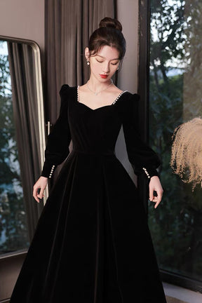 Black Velvet Long Sleeve Party Dress, A-Line Floor Length Formal Evening Dress