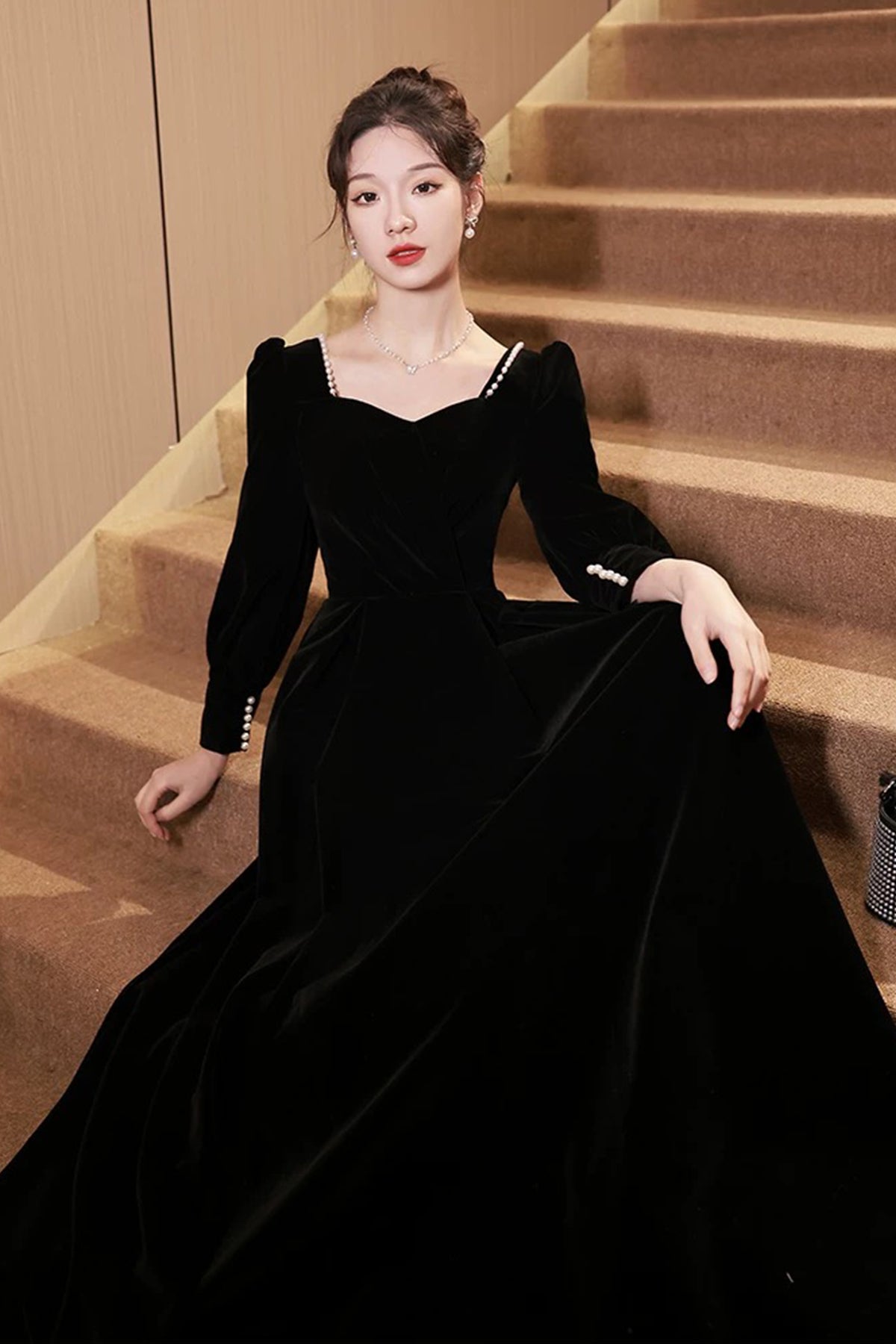 Black Velvet Long Sleeve Party Dress, A-Line Floor Length Formal Evening Dress