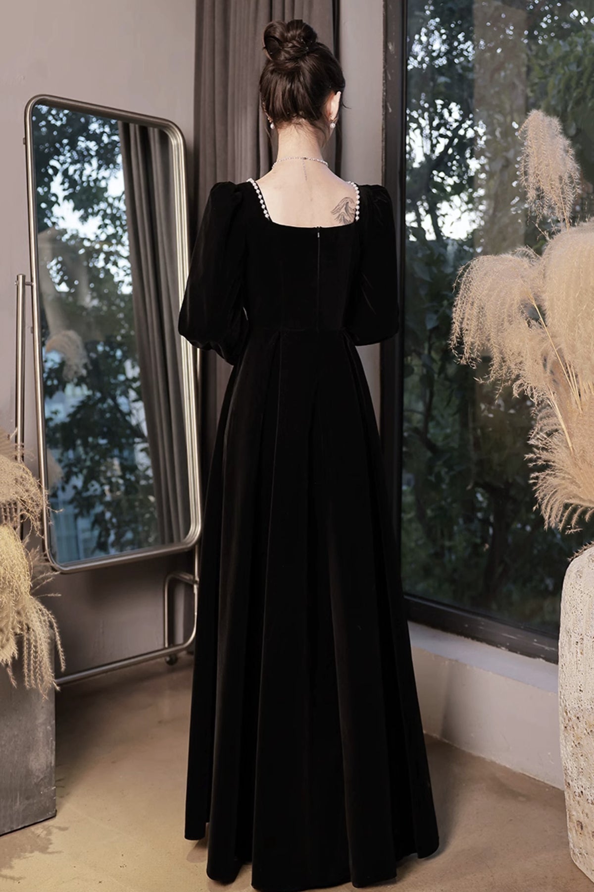 Black Velvet Long Sleeve Party Dress, A-Line Floor Length Formal Eveni