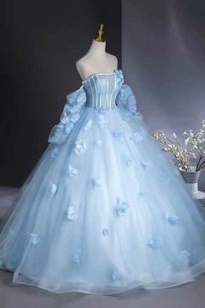 Blue Tulle Long Sleeves Formal Dress with Flowers, Blue A-Line Prom Party Dress