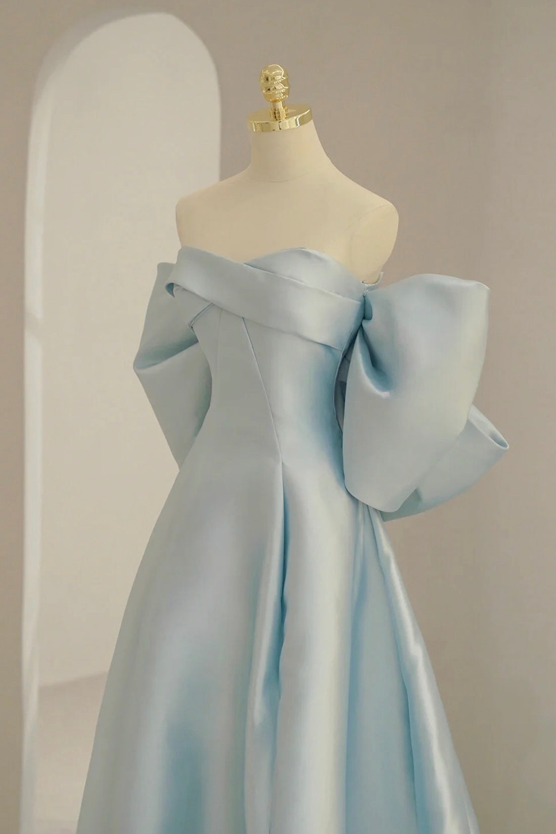 Blue Satin Long Prom Dress with Big Bow, Blue A-Line Evening Party Dre