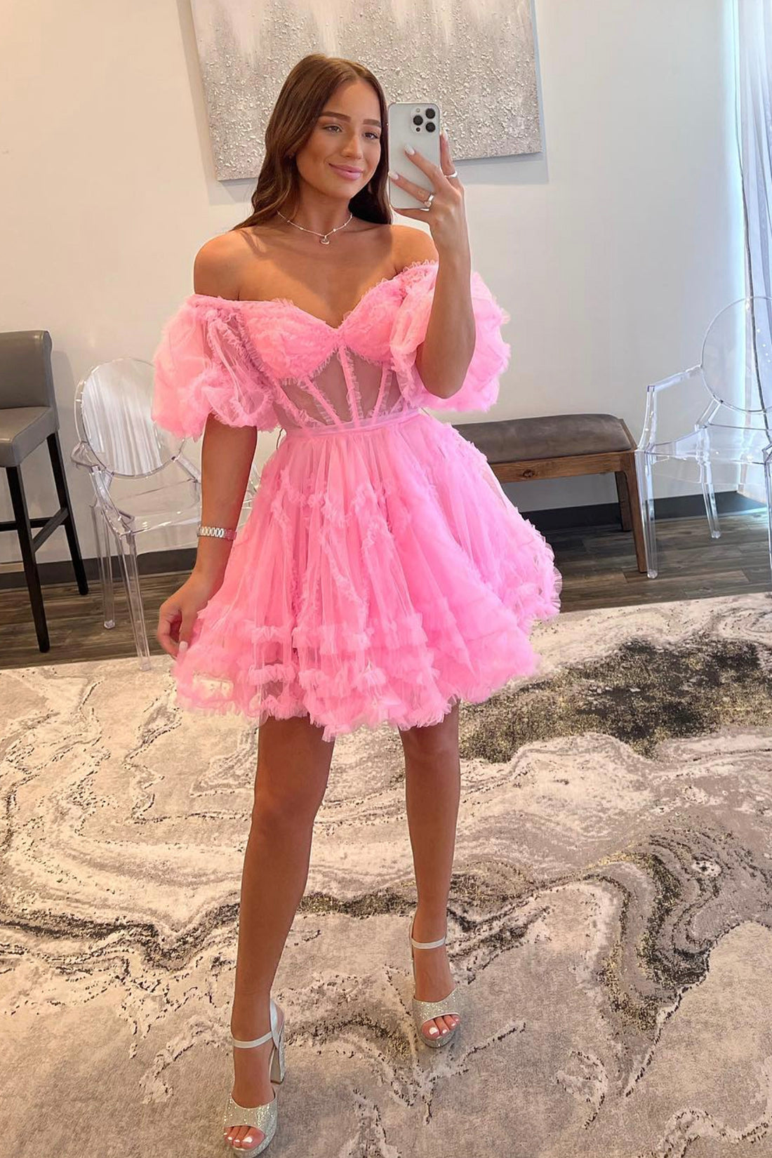 Pink Tulle Short A-Line Prom Dress, Cute Puff Sleeves Homecoming Dress Pink Tulle Short A-Line Prom Dress, Cute Puff Sleeves Homecoming Dress