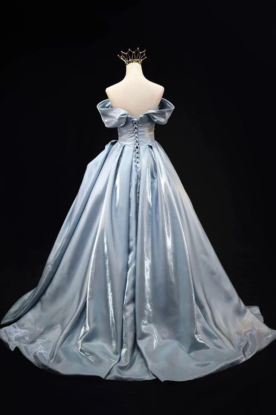 Blue Satin Floor Length Prom Dress, A-Line Off the Shoulder Evening Party Dress